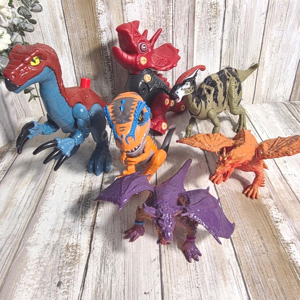 Mixed Dinosaur and Dragon Action Figure Lot 6pc Raptor T-Rex Triceratops Toys